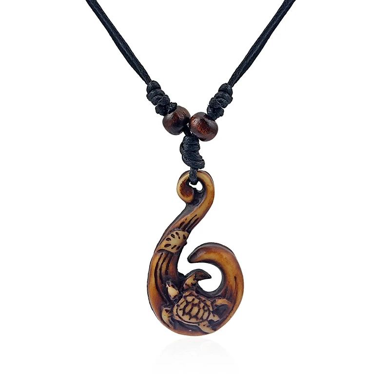 Wholesales Faux Yak Bone Hawaiian Style Hook Carved Sea Turtle Leaf Pendant Necklace Surfer Adjustable Jewelry