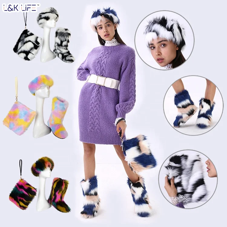 New arrival hot sale colorful kids thigh high snow winter headband sets faux fox fur warm women