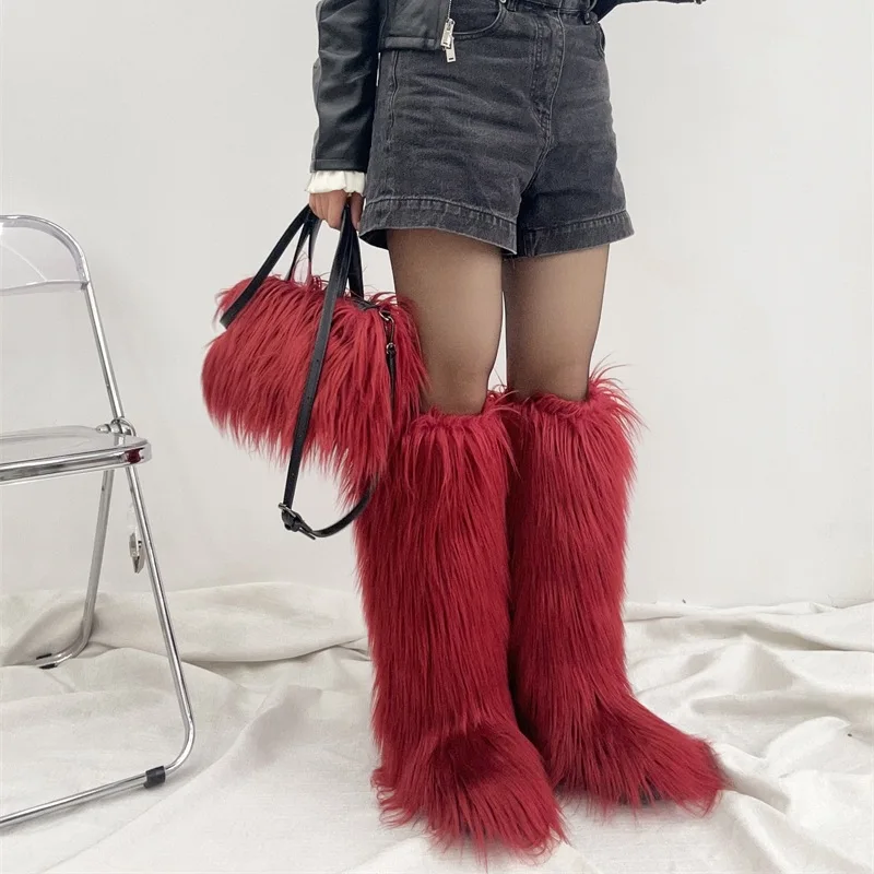 Factory Direct Wholesale fashion women thigh high boots lady furry boots shoes and bags set for ladies
