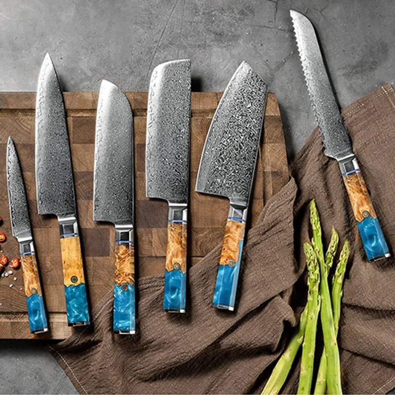 VG10 67layers Japanese Kitchen Knives set Damascus Knife Set Blue Resin Handle Damascus Steel Knife set