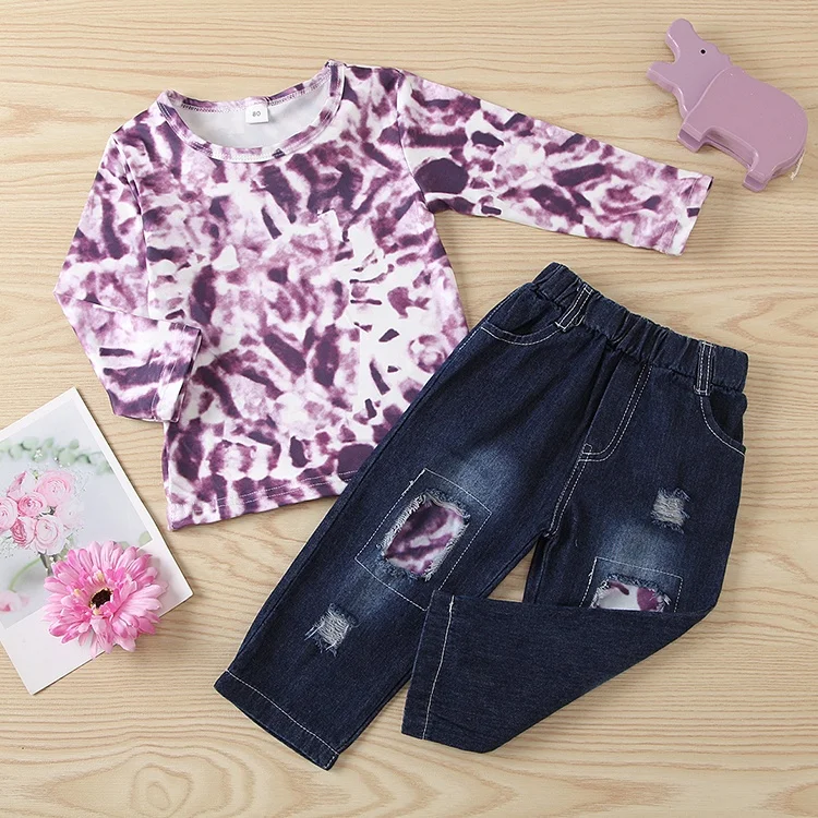 Hot Selling Girls Cartoon Printing Halloween Children Hole Jeans Two Piece Kids Clothes Set