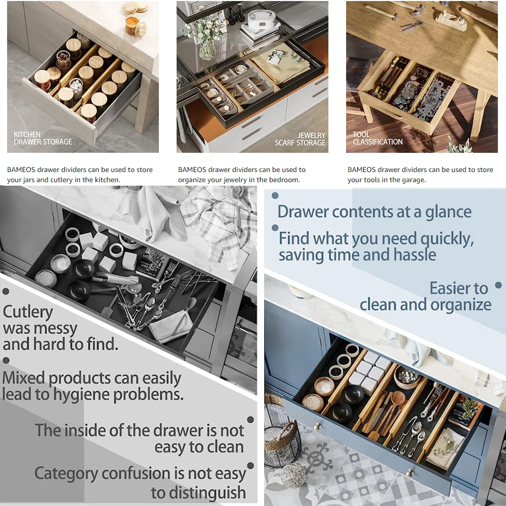 YCZM Natural Drawer Divider Set of 4 Kitchen Drawer Organizer Adjustable Bamboo Drawer Dividers