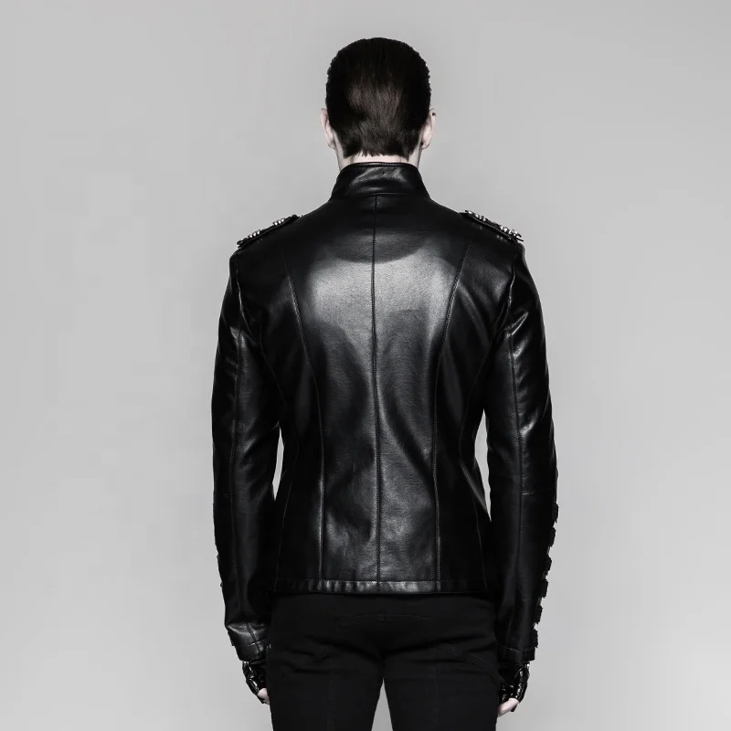 PUNK RAVE Y-746  Bright PU Stand Collar Metallic Zipper Up Men Leather Jacket