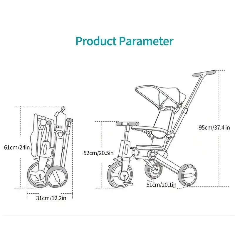 7 In 1 kids tricycle bike W/Removable Push Handle -Adjustable Canopy Rotatable Seat Foldable Two-way Trolley Tricycle For