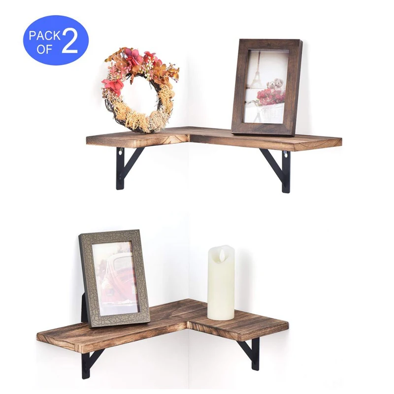 Угловые настенные полки, деревенские деревянные Угловые плавающие полки для спальни, гостиной, ванной комнаты, кухни, набор из 2 черных карбонизированных полок