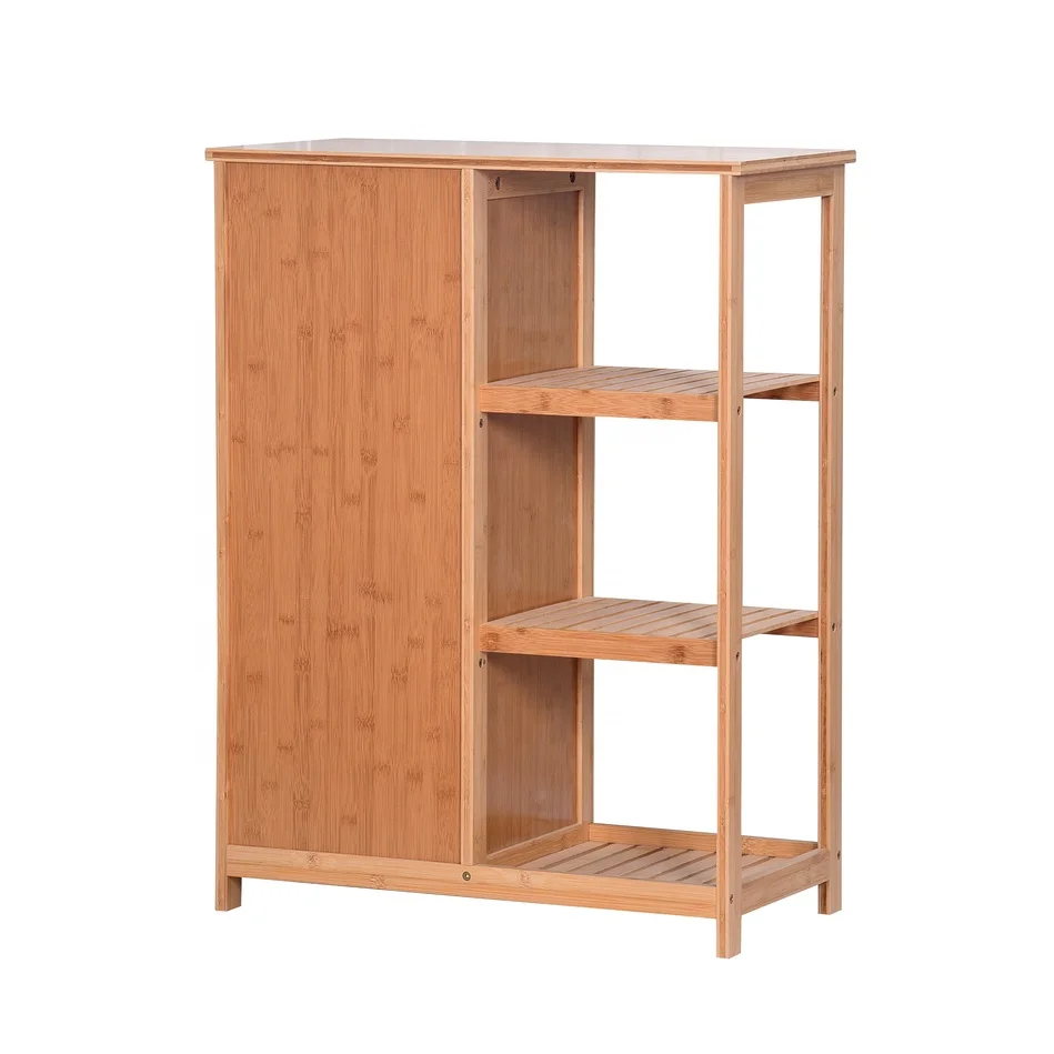 Bathroom Storage Bamboo Floor Cabinet Organizer with Door 3-tier Open Shelf Multipurpose Closed Compartments Kitchen Living Room