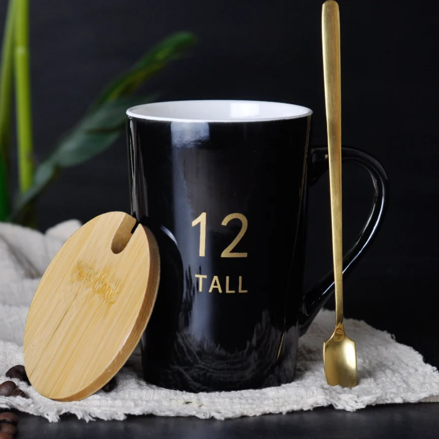 Nordic Styles Ceramic Coffee Cup for Office Tea Mug Ceramic Mug with wooden Lid and Spoon with custom logo