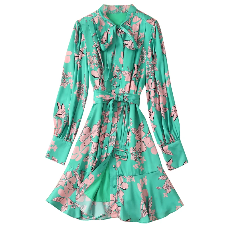New Summer High Quality Satin Soft Fabric Bow Tie Collar Floral Print Women Mini Dress with Slash
