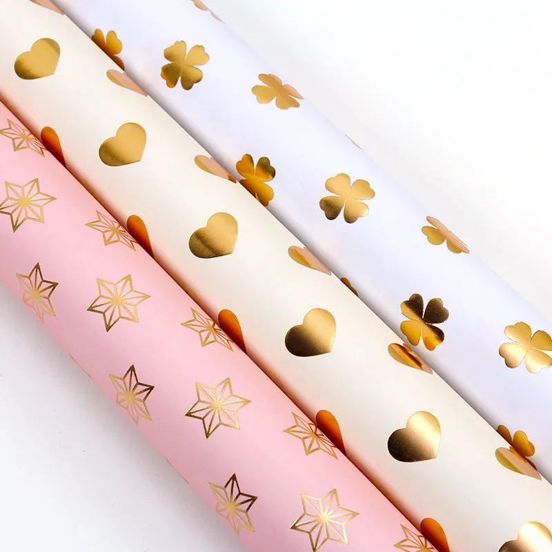 Luxury Metallic Foil Gift Wrapping Paper Sheet with Printed Four Leaf Clover Heart Hexagram
