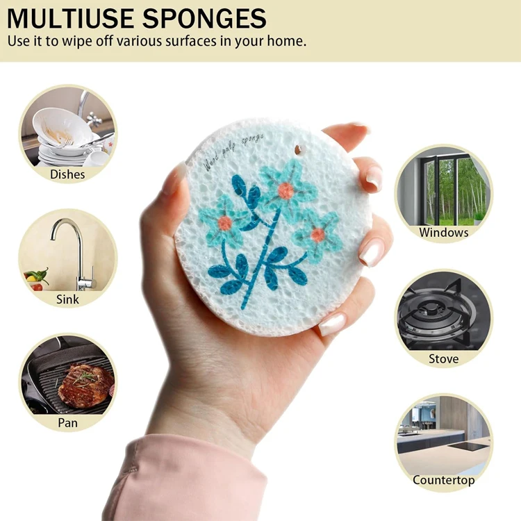 Hot-Selling Custom Eco-Friendly Absorbent Kitchen Cleaning Printing Cellulose Sponge Wood Pulp Cotton Dish washing Sponge