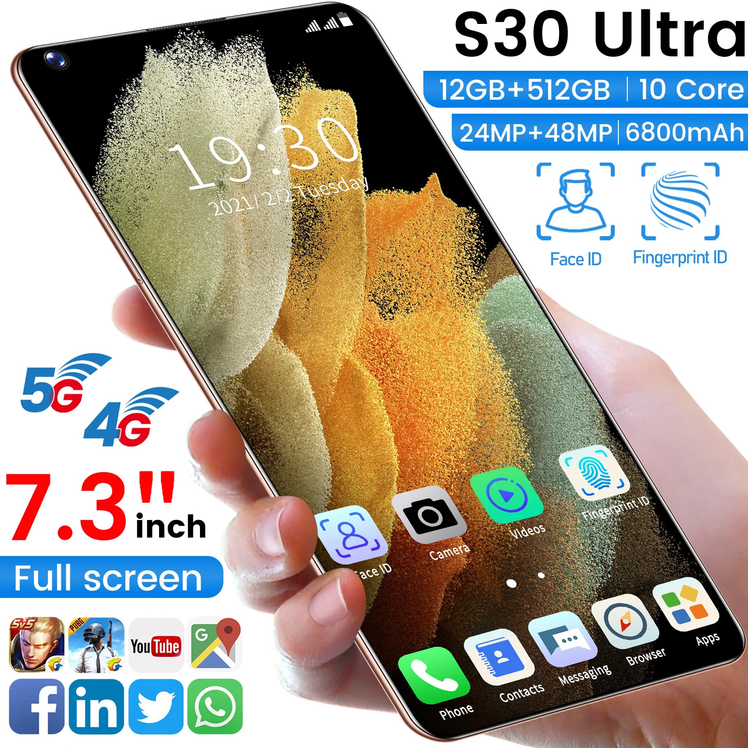 Factory Supply S30 Ultra Mobile Phones 12+512GB 6800mAh 7.3inch Full Screen Smart Phones Dual SIM 5G Android Cellphone