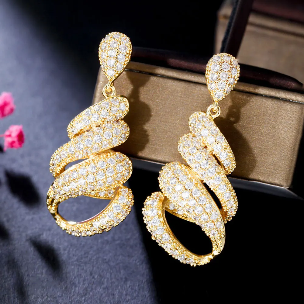 African Gold Plated Big Cubic Zircon Crystal Bridal Oversized Statement Earrings Wedding Jewelry for Nigeria Brides Bridesmaid