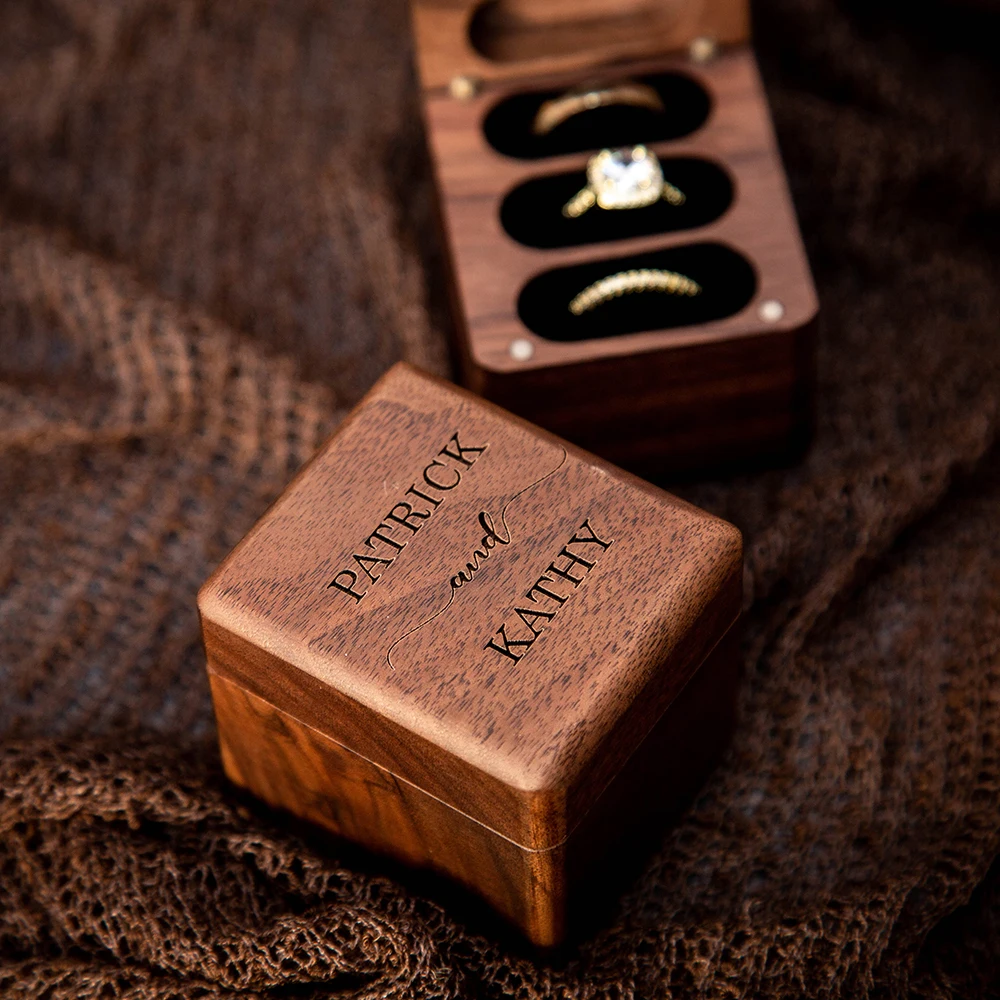 Triple Flip Wood Ring Bearer Box Engraved Wedding Ceremony Engagement Ring Storage Holds 3 Rings Jewelry Boxes
