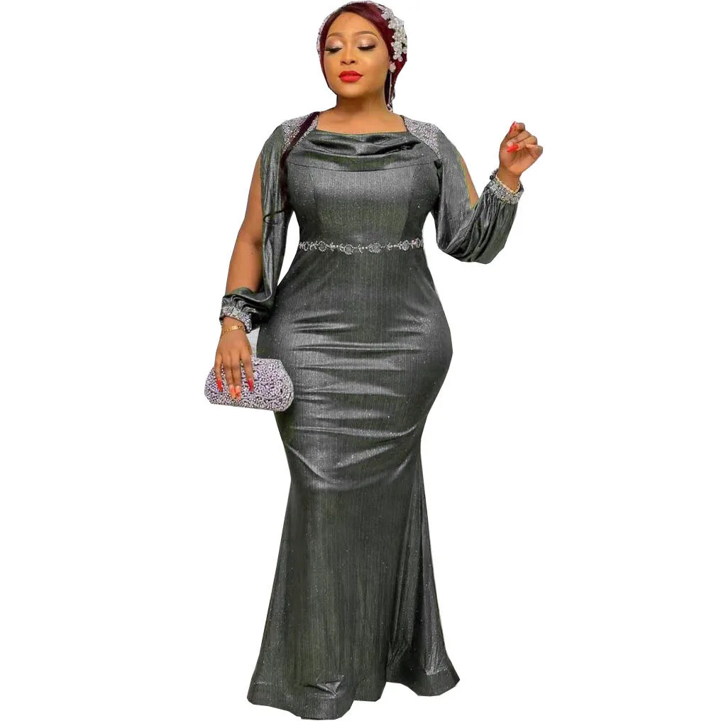 African Women Clothing Stretch Mesh Sequin Evening Slim Fit Fishtail Long Sleeve Round Neck Hot Drilling Dress For Women