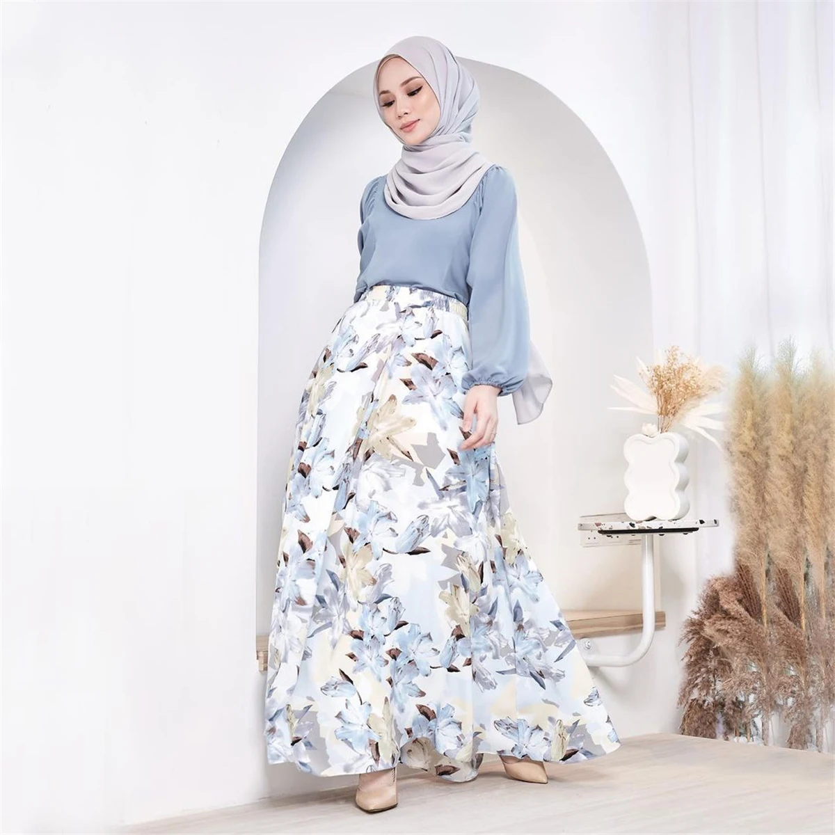 High Quality Women Islamic Clothing Modest Skirts High Waist Floral Printed Full Length Skirt For Muslim Women