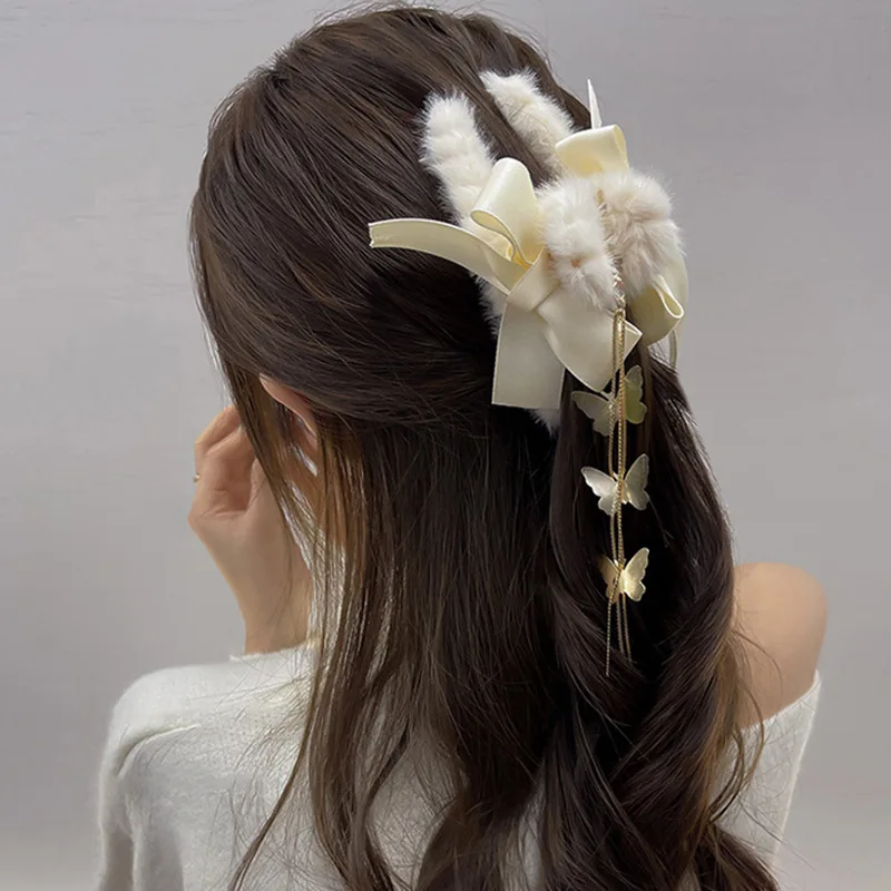 Hair Claw Style Sweet Butterfly Large Grabber Hairpin Satin Crystal Hair Clip for Women Fashion Jewelry Accessories