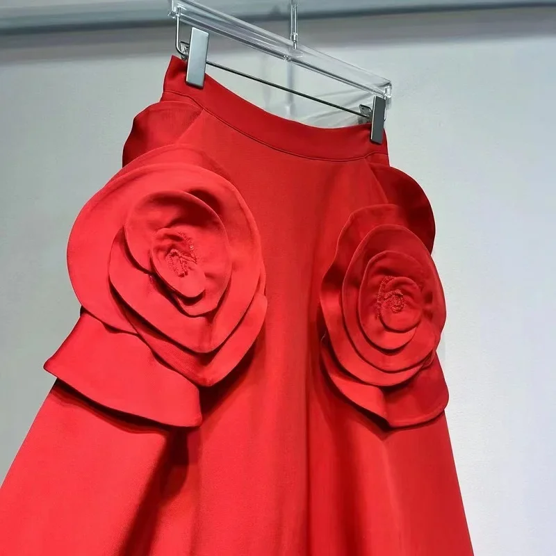 High Quality New Long Skirts 2024 Spring Summer Style Women Hand Made Flower Deco Big Swing Party Elegant Red Black Club Skirt