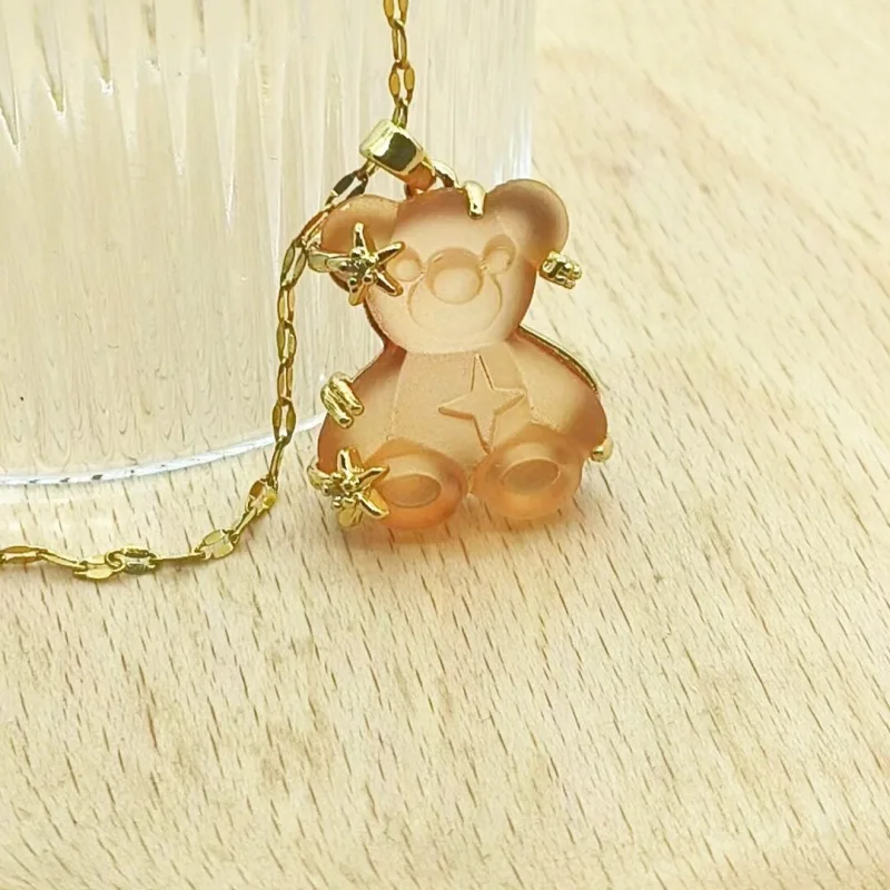 Cute Bear Stainless Steel Gold Plated Resin Waterproof Star Zircon Necklace