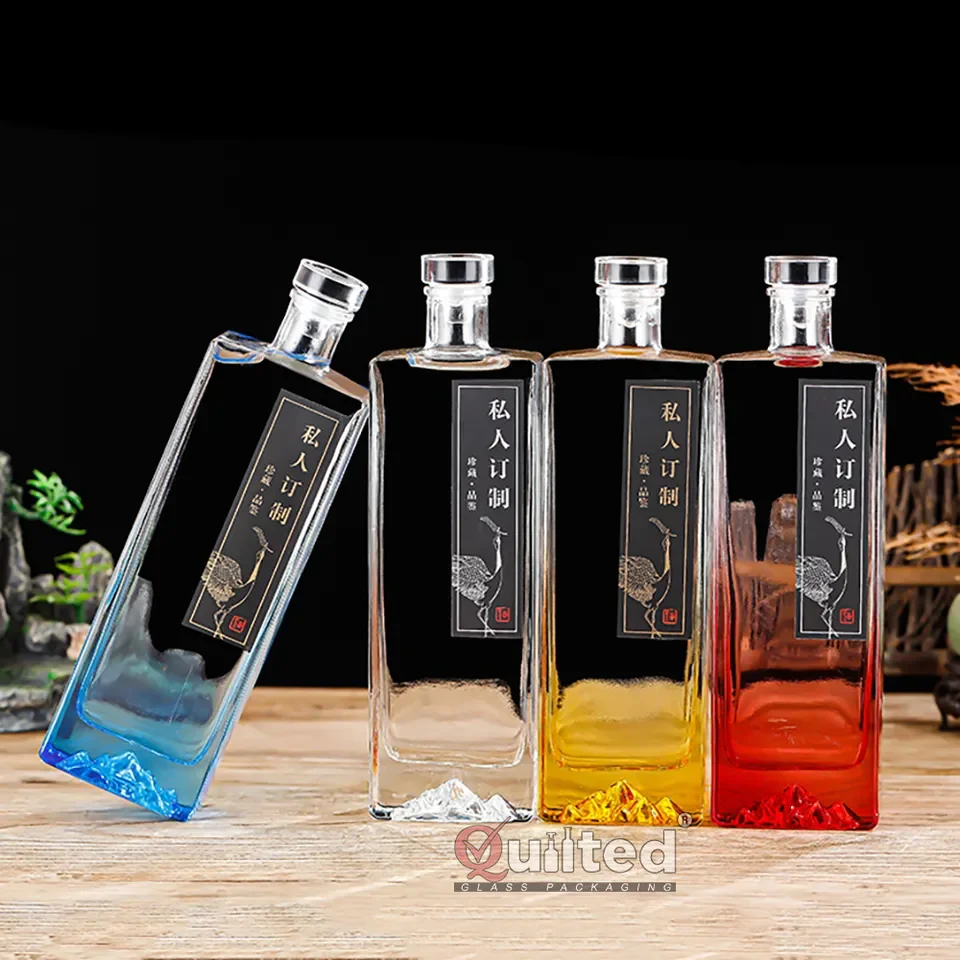 Sealed Unique carved flat Rectangle Shaped Clear Glass Liquor Bottle Rum 500ml Nordic Gin Whiskey Vodka Liquor Spirit Bottle
