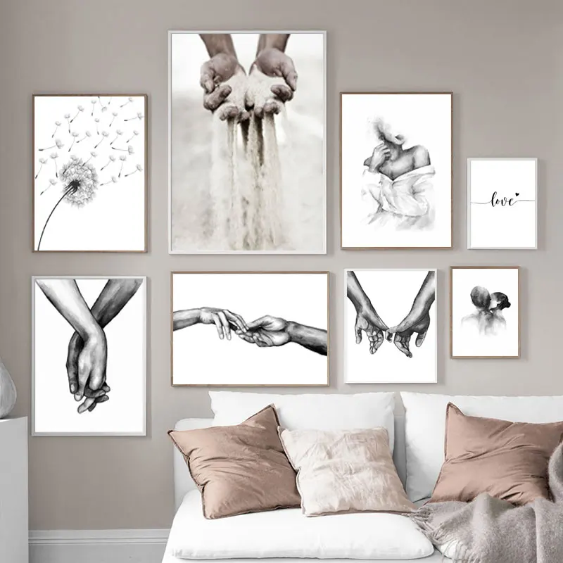 Black White Romantic Hand In Hand Canvas Painting Love Quotes Wall Art Poster Print Fashion Picture Couples Lovers Room Decor
