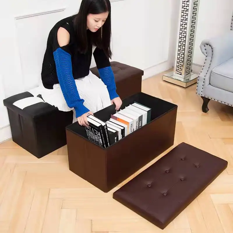 Hot Selling Factory Collapsible Storage Holders & Racks Ottoman Dining Table Chairs PU With Button Storage Stool For Bedroom