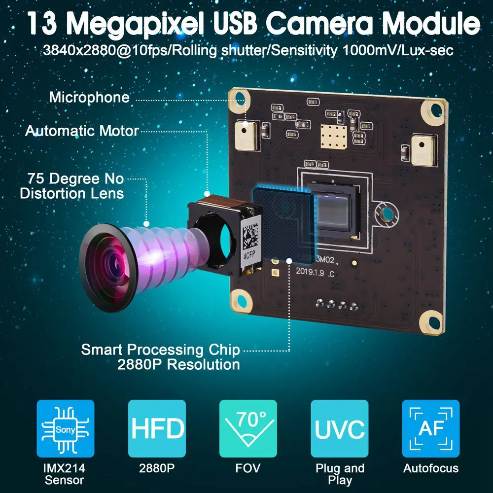 ELP High Definition 13MP No Distortion CMOS IMX214 USB2.0 Mini HD Color Webcam Auto Focus USB Camera Module With Microphone