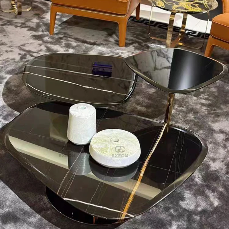 Italian Light Luxury Stainless Steel Black Gold Marble Top Living Room Furniture High-end Coffee Table