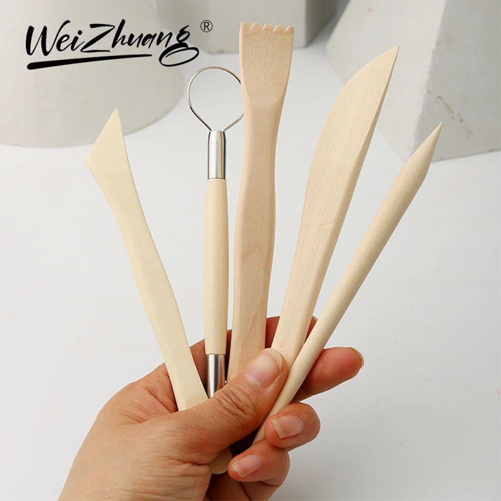 A Set Of 5pcs Wooden Pottery Tool Kit Ceramic Pottery & Clay Wood Modeling Tools Kit Polymer Clay Carving Tools Accessories