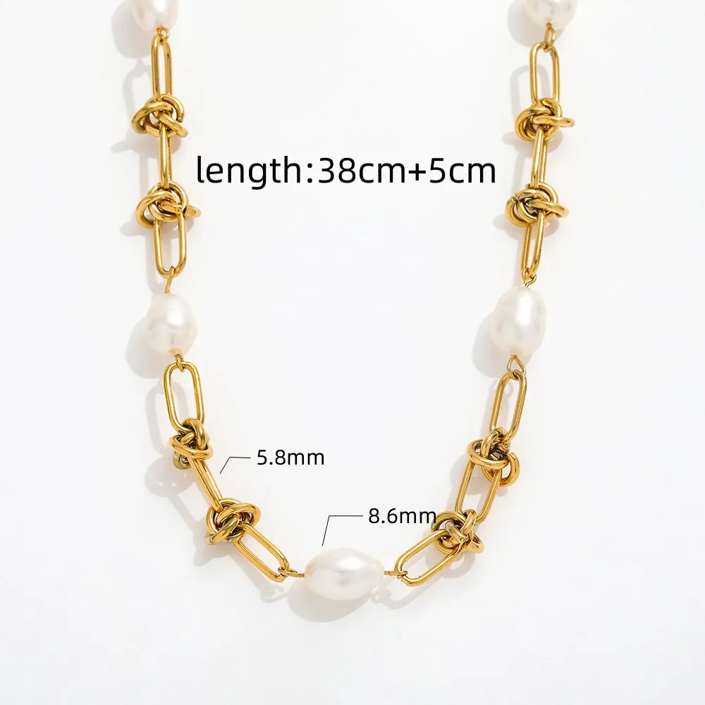 High quality Gold Plated Knot Link Chain Freshwater Pearl Necklace Stainless Steel Jewelry Wholesale