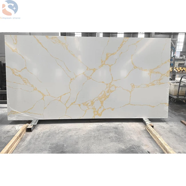 Outdoor Decorative Natural Stone Quartz Slab White Quartz with Golden Vein For Hot sale Wall Counter Top Quartz Tiles