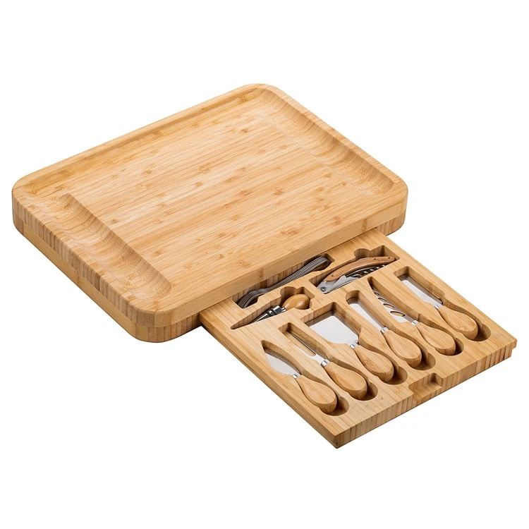 Smirly Cheese Board and Knife Set: 16 x 16 x 1.8 Inch Wood Charcuterie Platter for Wine, Cheese, Meat