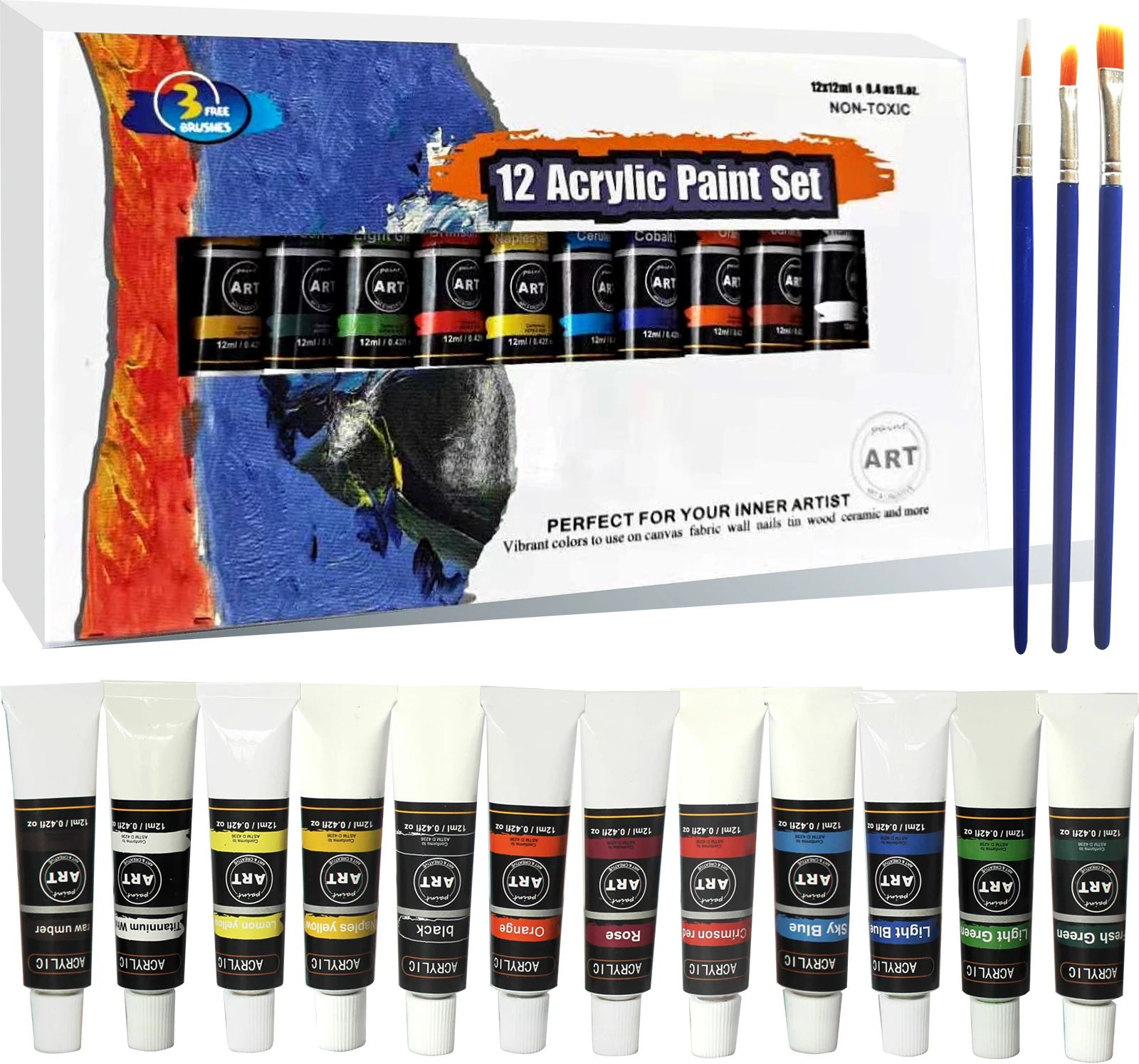 Wholesales 12ML Acrylic Paint SET 12 Colors Artist Painting Materials High Coverage Art Paint Bright Colour With with Brush