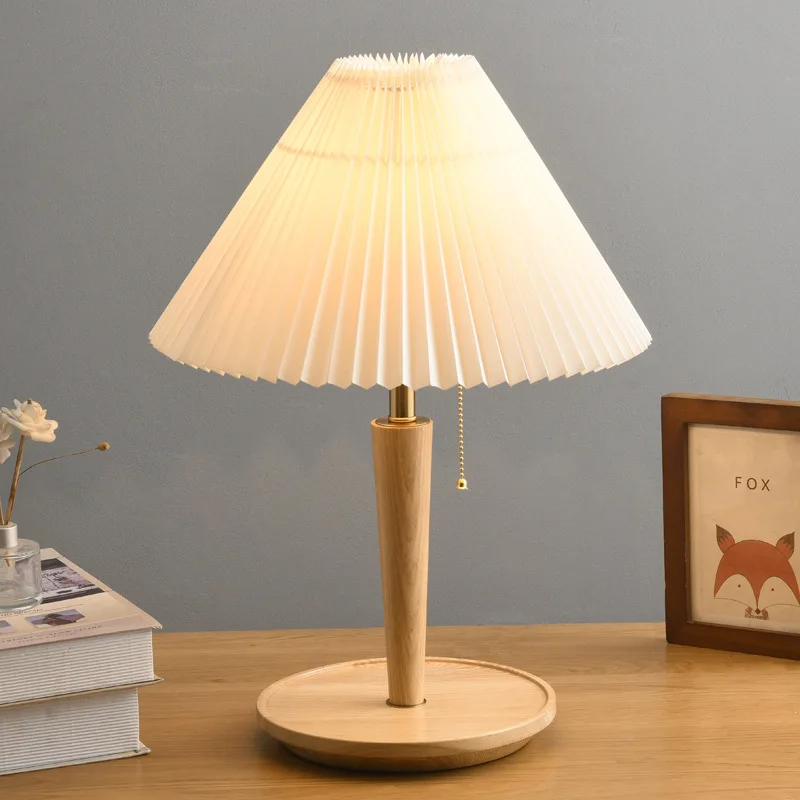 Walnut Solid Wood Table Light Simple Pleated Table Lamps Vintage Bedroom  Nordic Pull Switch Vertical LED Light