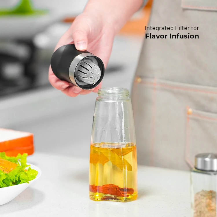 wholesale 500ml clear glass automatic flip auto open olive oil and vinegar dispenser bottle no drip pourer spout with filter