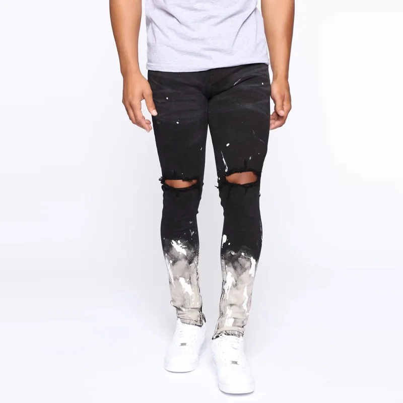 Manufacturer hole ripped scratch skinny Fit stone washed graffiti Jeans Pants For Men