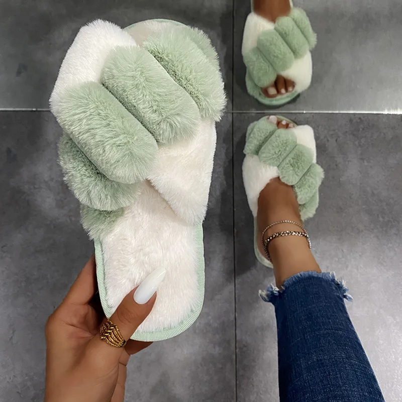 Classic Design Women Winter House Furry Slippers Fluffy Faux Fur Home Slides Flat Fashion Indoor Floor Shoes Ladies Flip Flops