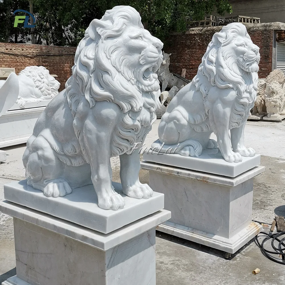 Outdoor Decoration Hand Carved Modern Garden Life Size White Large Marble Sitting Lion Statues For Sale