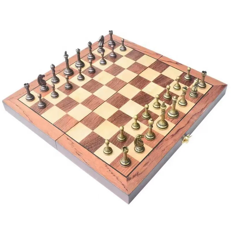 Metallic chess set chess piece metal zinc alloy casting folding wooden board international chess game set classic