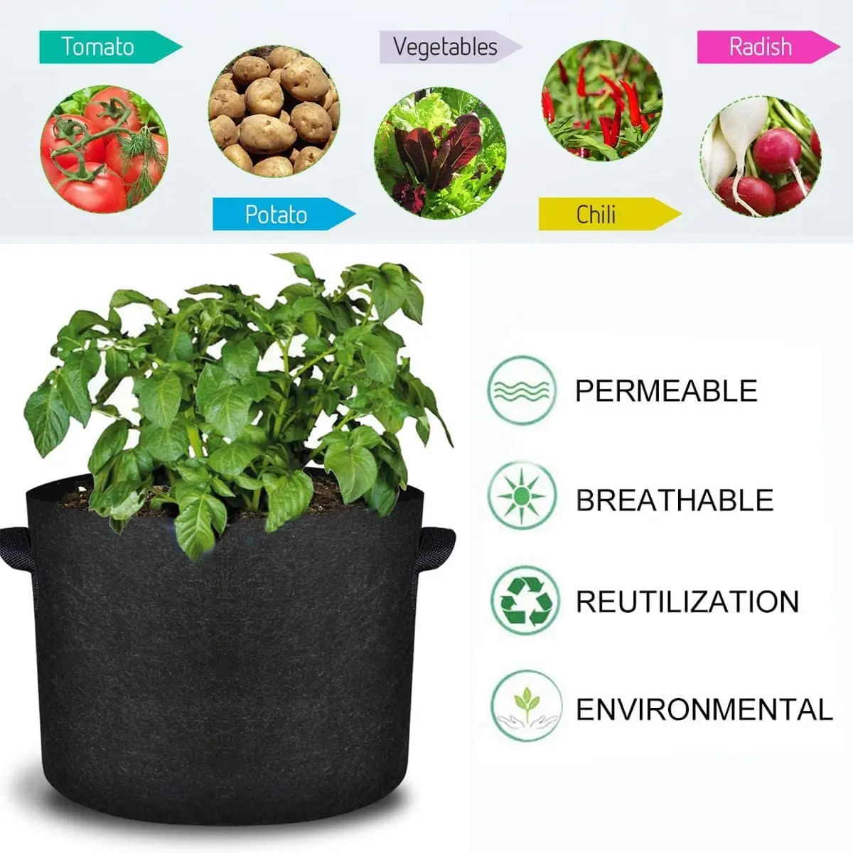 1/2/3/5/7/10/15/20/25/40/60/100 Gallon  Non-woven Fabric Potato nursery Plant Vegetables mushroom bag Garden Grow Bags