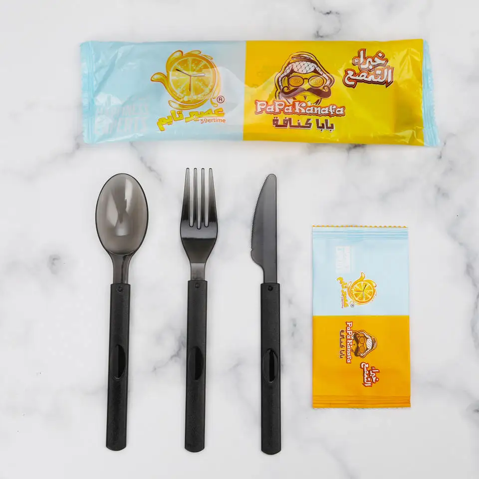 Best Selling Plastic PS Knife Spoon Fork and Napkin in One Individually Package Disposable Black Cutlery Set
