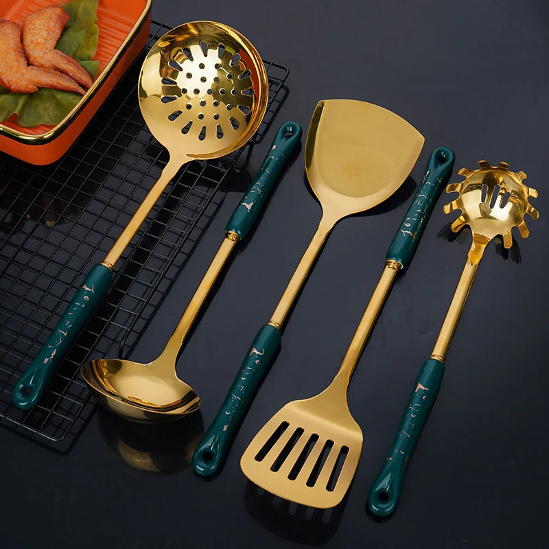 Gift Kitchen Cooking Tools Ceramic Handle Stainless Steel Gold Utensil Special Set With Storage Holder