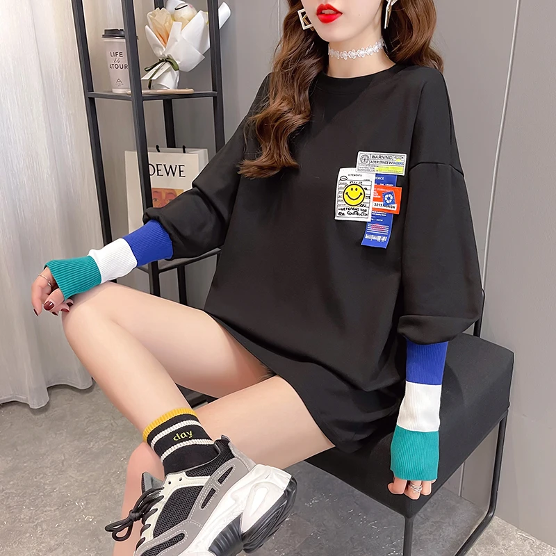 Оптовая продажа, Новинка лета 2021, свободный Женский пуловер средней длины из хлопка, пуловер с длинными рукавами, женские толстовки и свитшоты с капюшоном