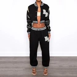 K22S19975 Embroidery Clothing Letterman 2 Piece Outfit Set Baseball Outfit Woman Two Piece Pant Sets