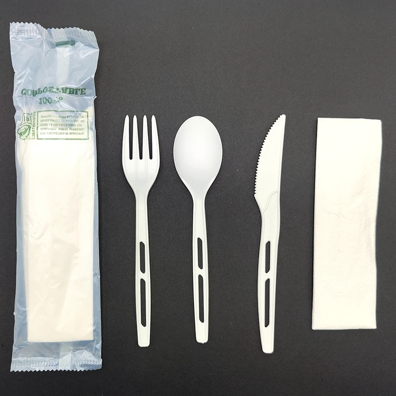 Customized Packaging CPLA Fork Spoon Knife 100%Biodegradable Disposable Cutlery Set With Compostable Packing or Opp Packing Bag