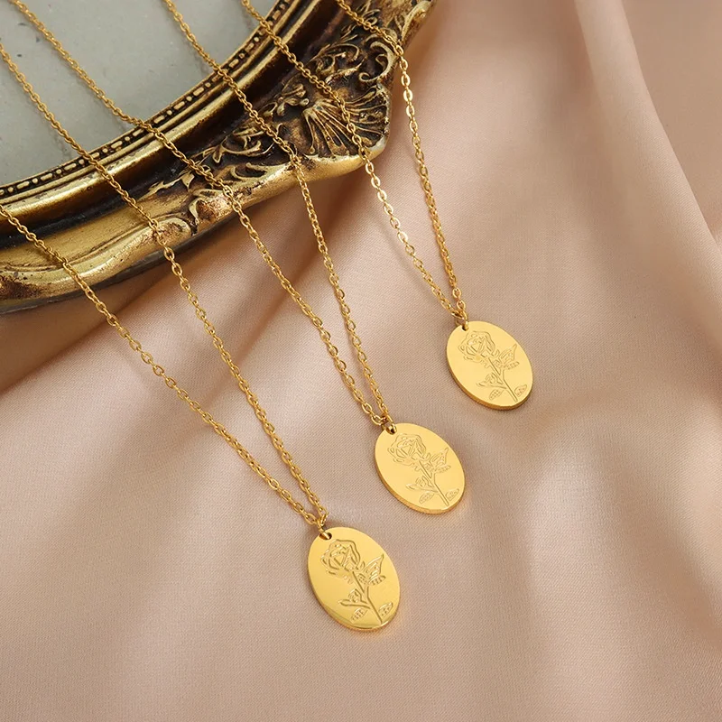 Oval Carved Flower Pendant Necklace Custom Birth flower Name Jewelry Stainless Steel Engraved Rose Lily Flower Necklace