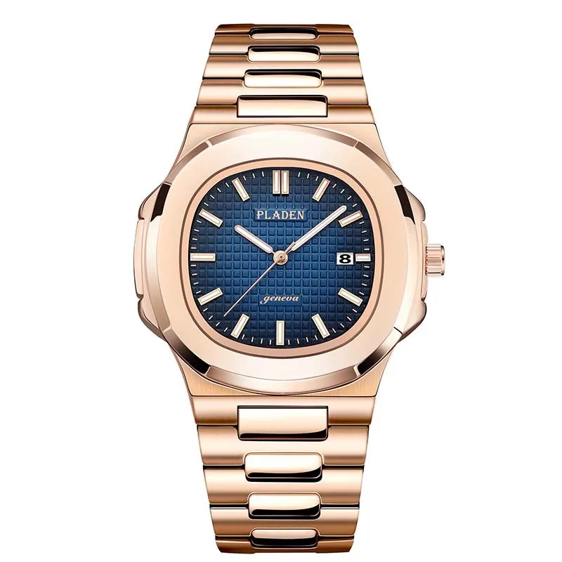 PLADEN  PL1027 elegant rose gold man quartz watch stylish stainless steel strap water proof date display Simple Leisure  watch