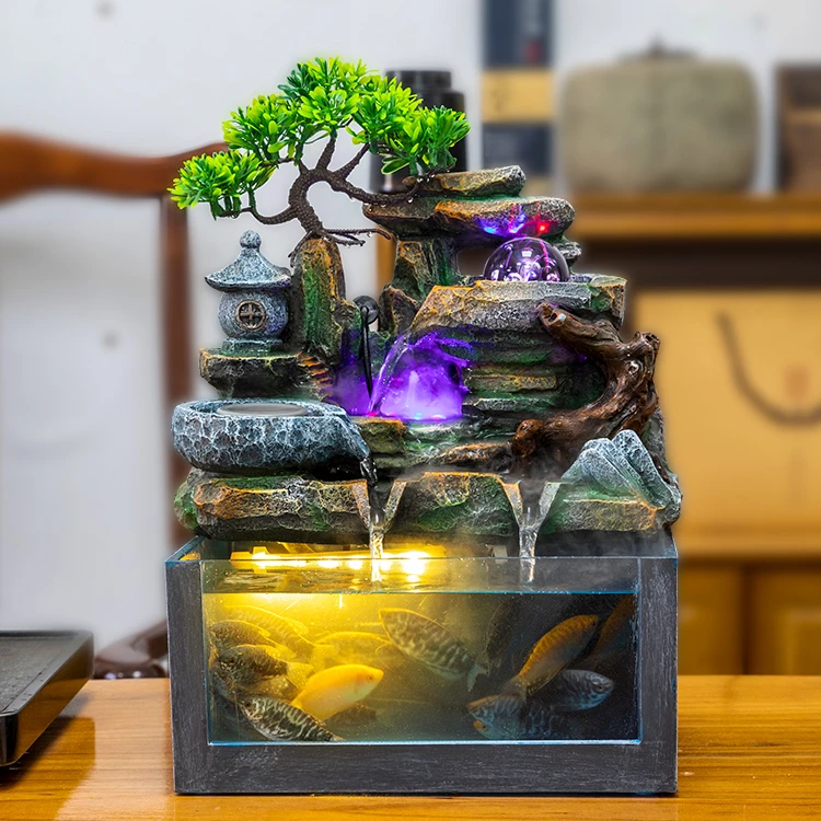 Rockery Running Water Fountain Money-Making Fengshui Wheel Table-Top Fish Tank Decorations Wealth-Seeking Furnishings