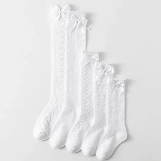 Custom Logo Design Best Price White School Socks Cotton Polyester Hot Sale Custom Pattern Kids Summer Socks With Bow