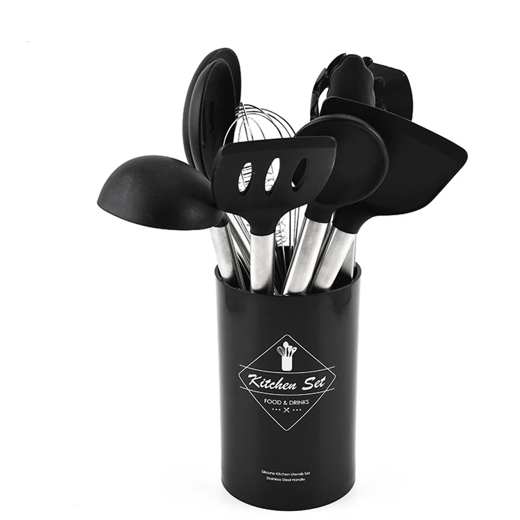 10-Piece Black Kitchen Gadget Set with Silicone Spatula and Stainless Steel Utensils Steel Handle Holders for Christmas