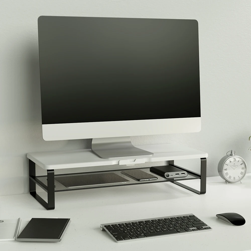 Wooden Portable Sturdy Desk wood Monitor Stand Double layer iron mesh Monitor Stand riser for office desktop use